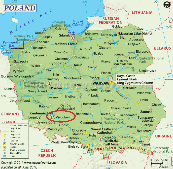Map of Poland, Wroclaw Marked