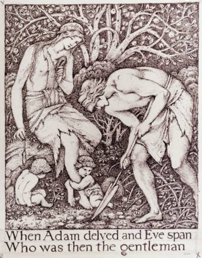 BURNE-JONES: ADAM & EVE. - 'When Adam delved and Eve span.' Pen-and-ink drawing by Edward Burne-Jones for William Morris's 'A Dream of John Ball,' 1888. (The Granger Collection / Universal Images Group)