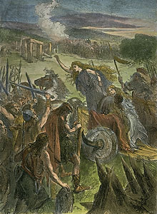 Queen Boudicca leading a revolt against the Romans, engraving, 19th century. <em>The Granger Collection</em>, New York